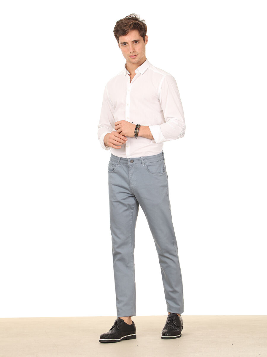 Light Blue Weaving Regular Fit Casual Cotton Blended Trousers - 1