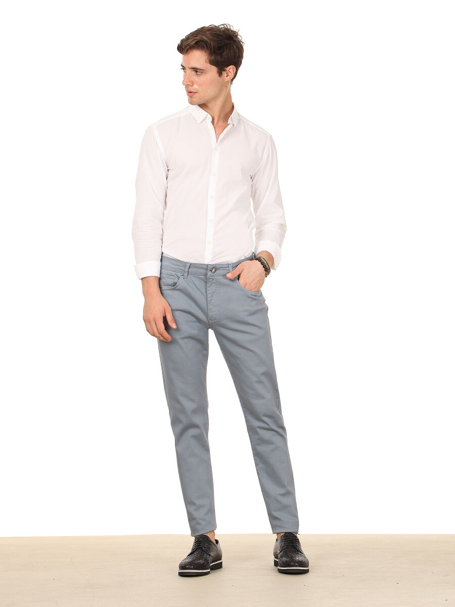 Light Blue Weaving Regular Fit Casual Cotton Blended Trousers - 2