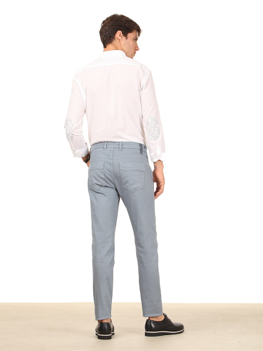 Light Blue Weaving Regular Fit Casual Cotton Blended Trousers - 3