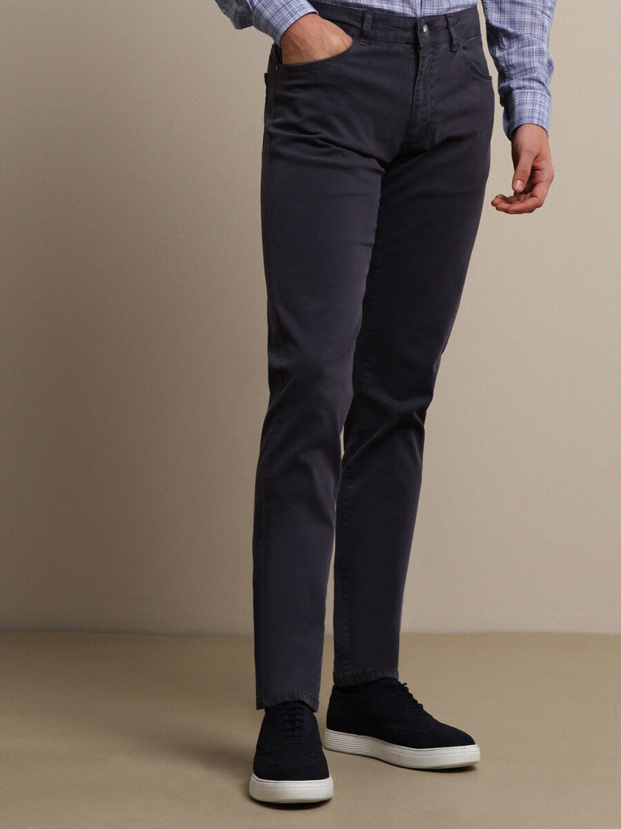 Light Blue Weaving Regular Fit Casual Cotton Blended Trousers - 3
