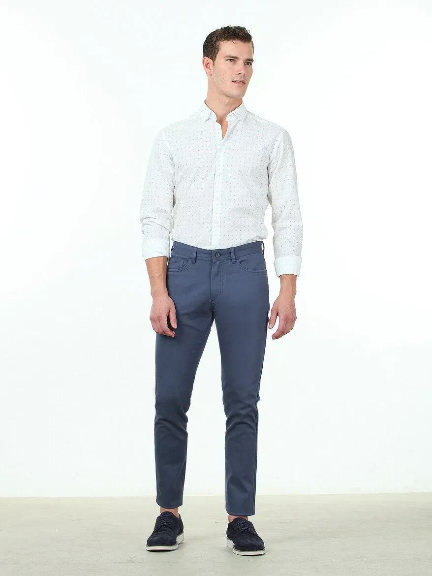 Light Blue Weaving Slim Fit Casual Cotton Blended Trousers - 1