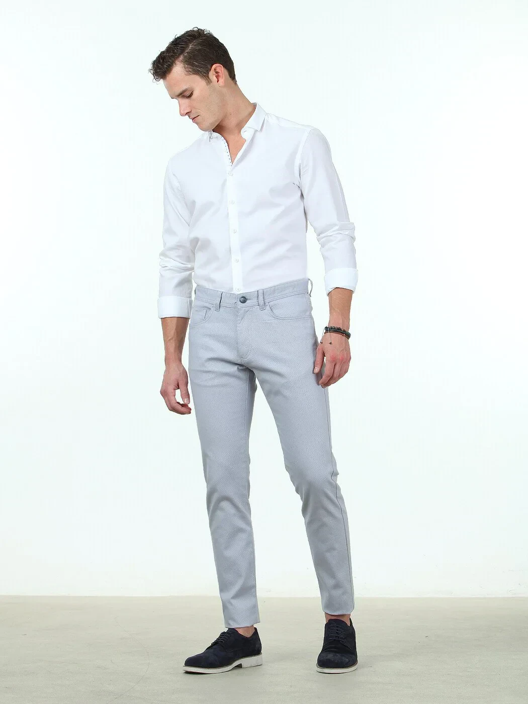Light Blue Weaving Slim Fit Casual Cotton Blended Trousers - 1