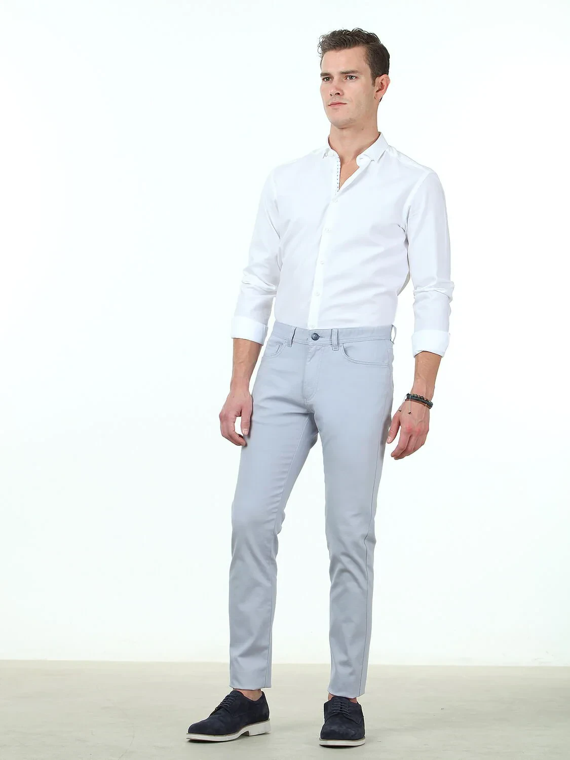 Light Blue Weaving Slim Fit Casual Cotton Blended Trousers - 2