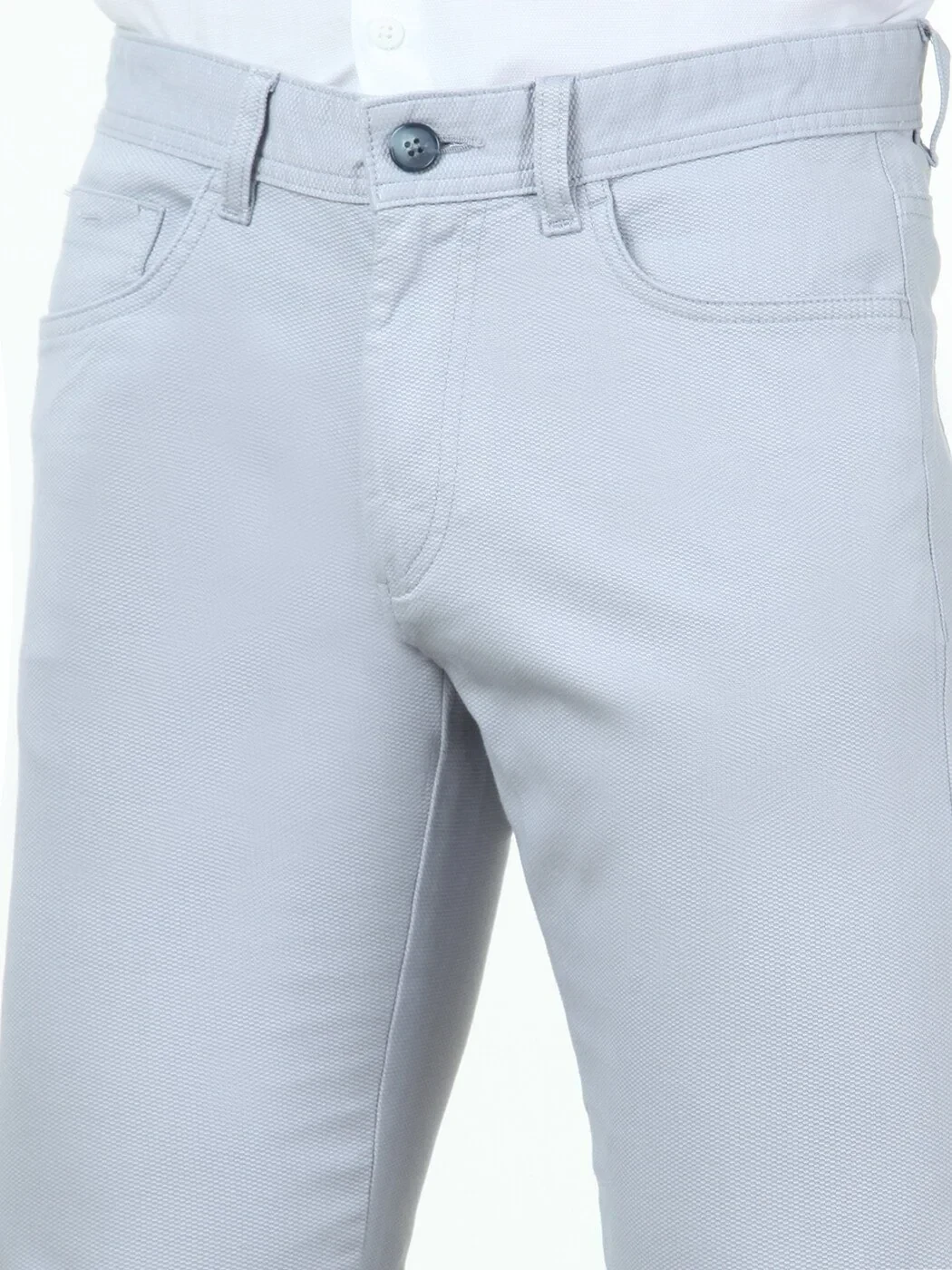 Light Blue Weaving Slim Fit Casual Cotton Blended Trousers - 3