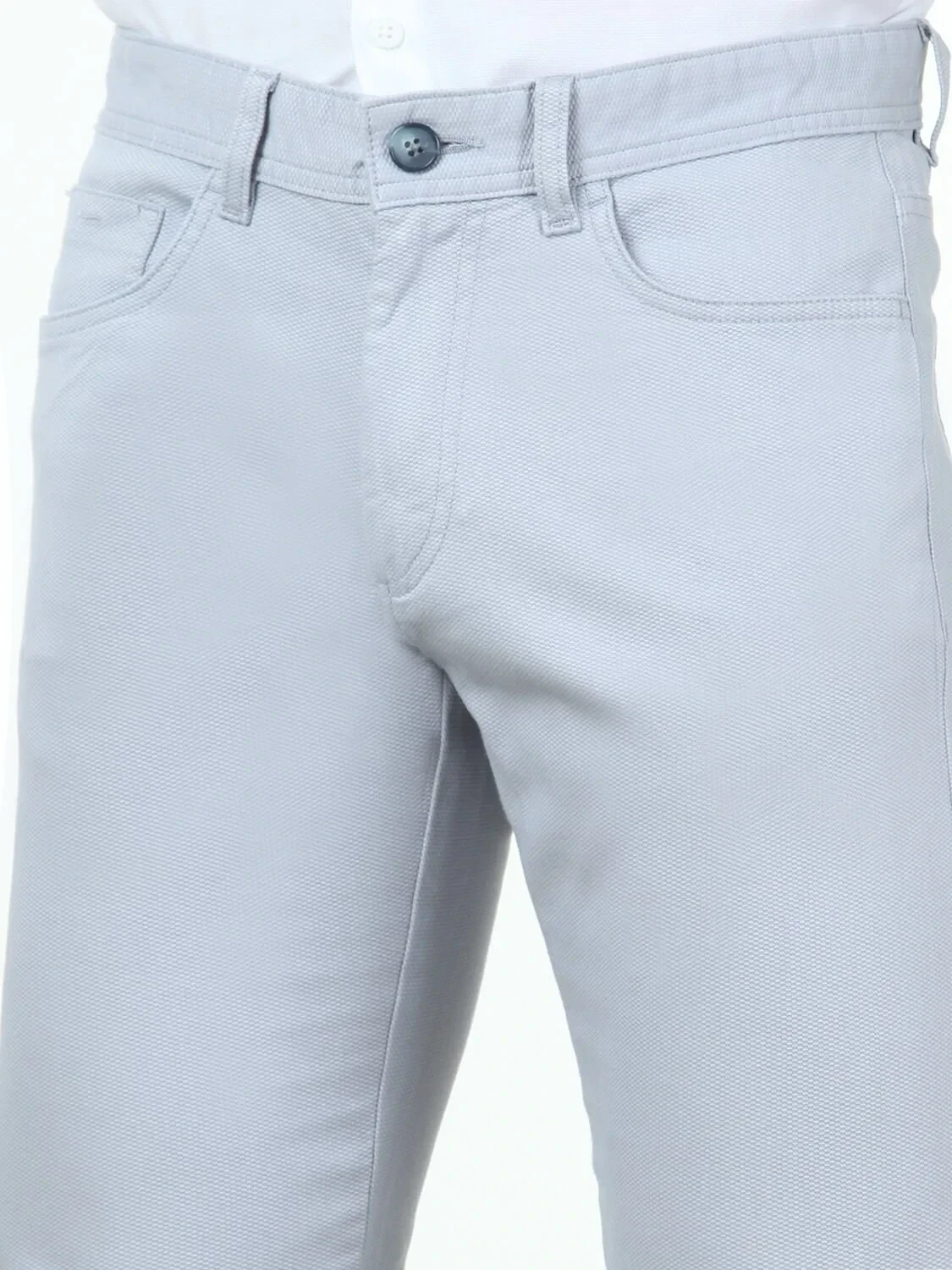 Light Blue Weaving Slim Fit Casual Cotton Blended Trousers - 3