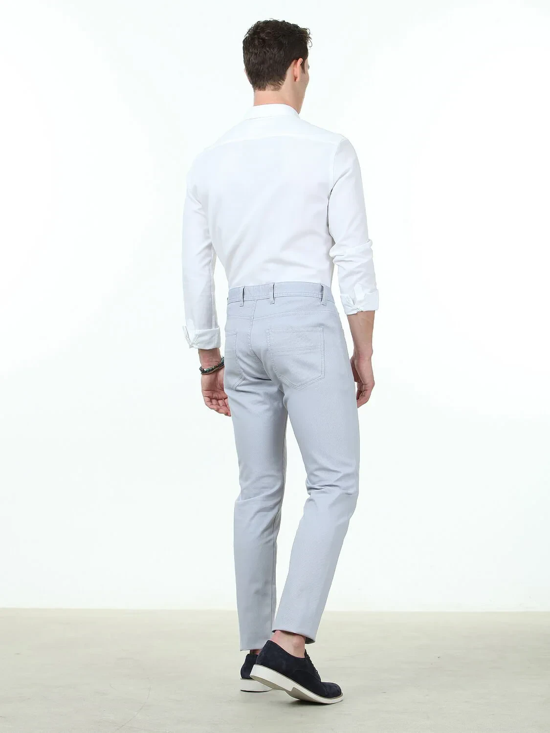 Light Blue Weaving Slim Fit Casual Cotton Blended Trousers - 4