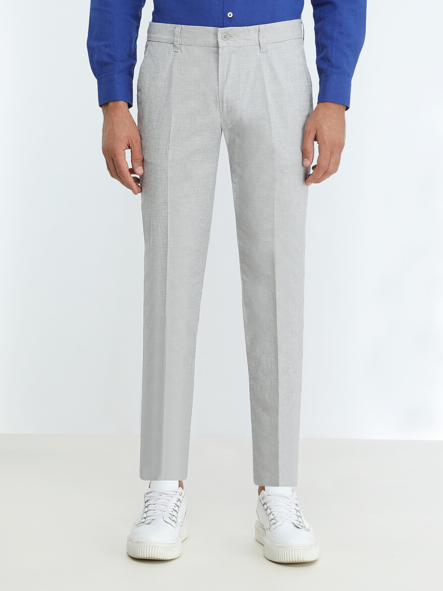 Light Blue Weaving Slim Fit Smart Casual Cotton Blended Trousers - 1