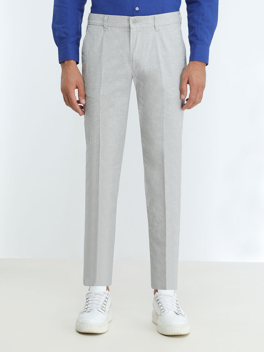 Light Blue Weaving Slim Fit Smart Casual Cotton Blended Trousers - 1