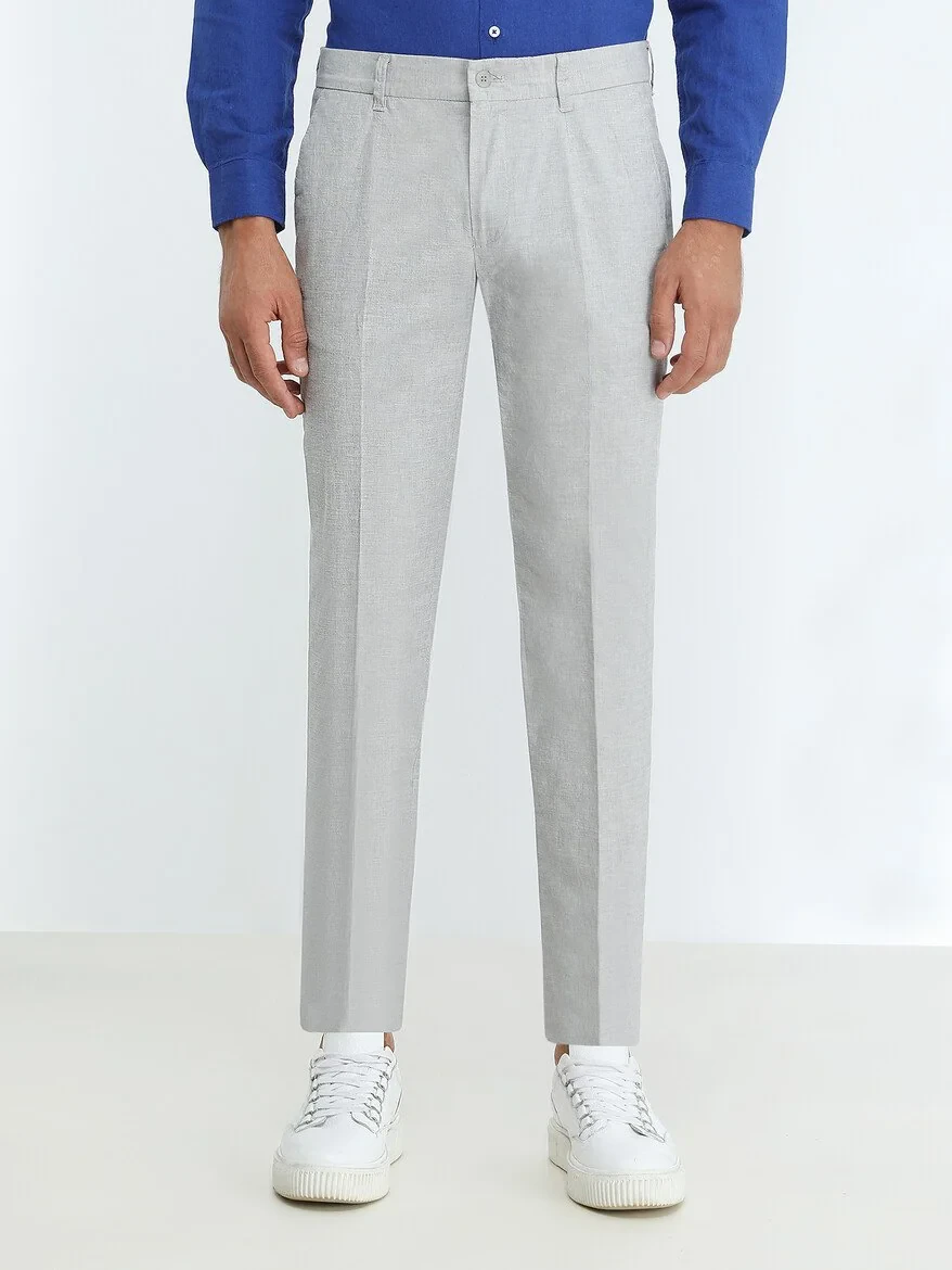 Light Blue Weaving Slim Fit Smart Casual Cotton Blended Trousers - 1