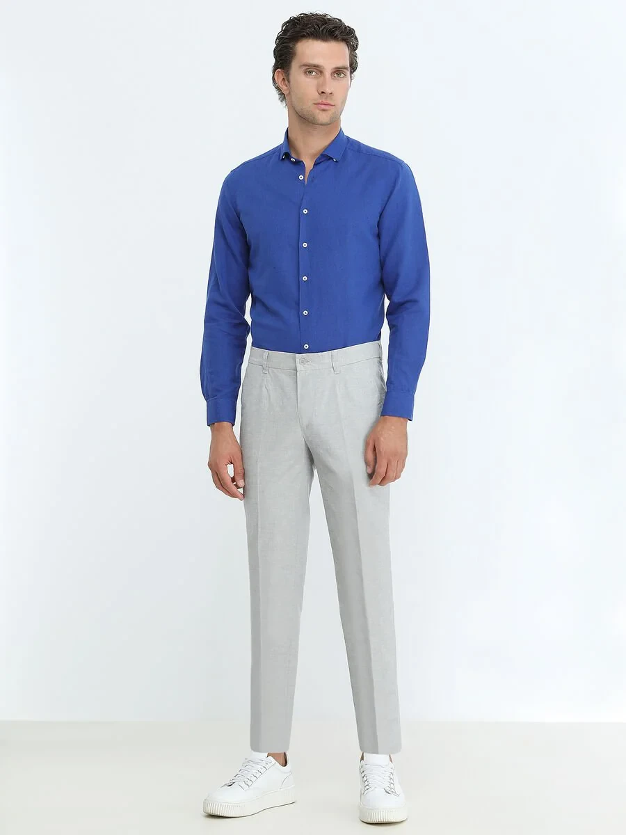 Light Blue Weaving Slim Fit Smart Casual Cotton Blended Trousers - 2