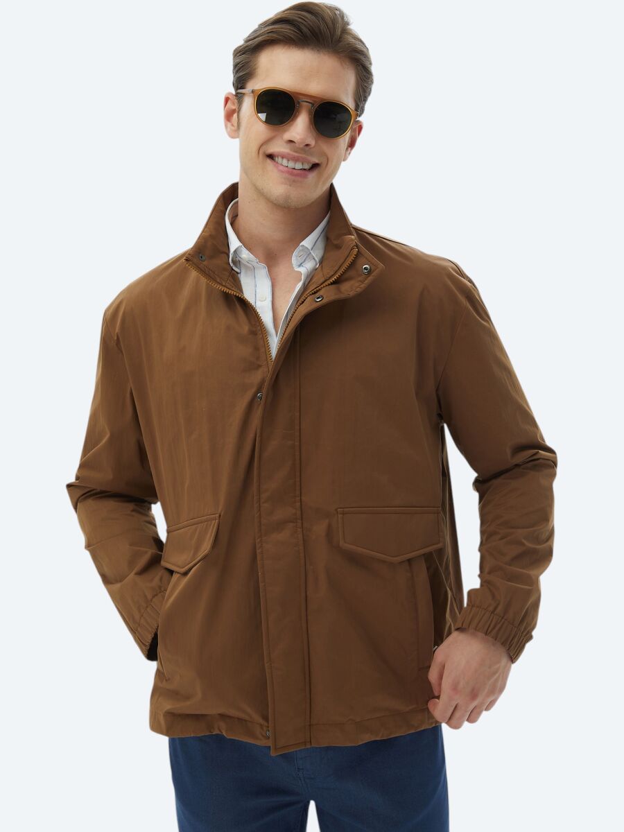 Light Brown Oversize Fit Turtleneck Casual Weaving Coat - 1