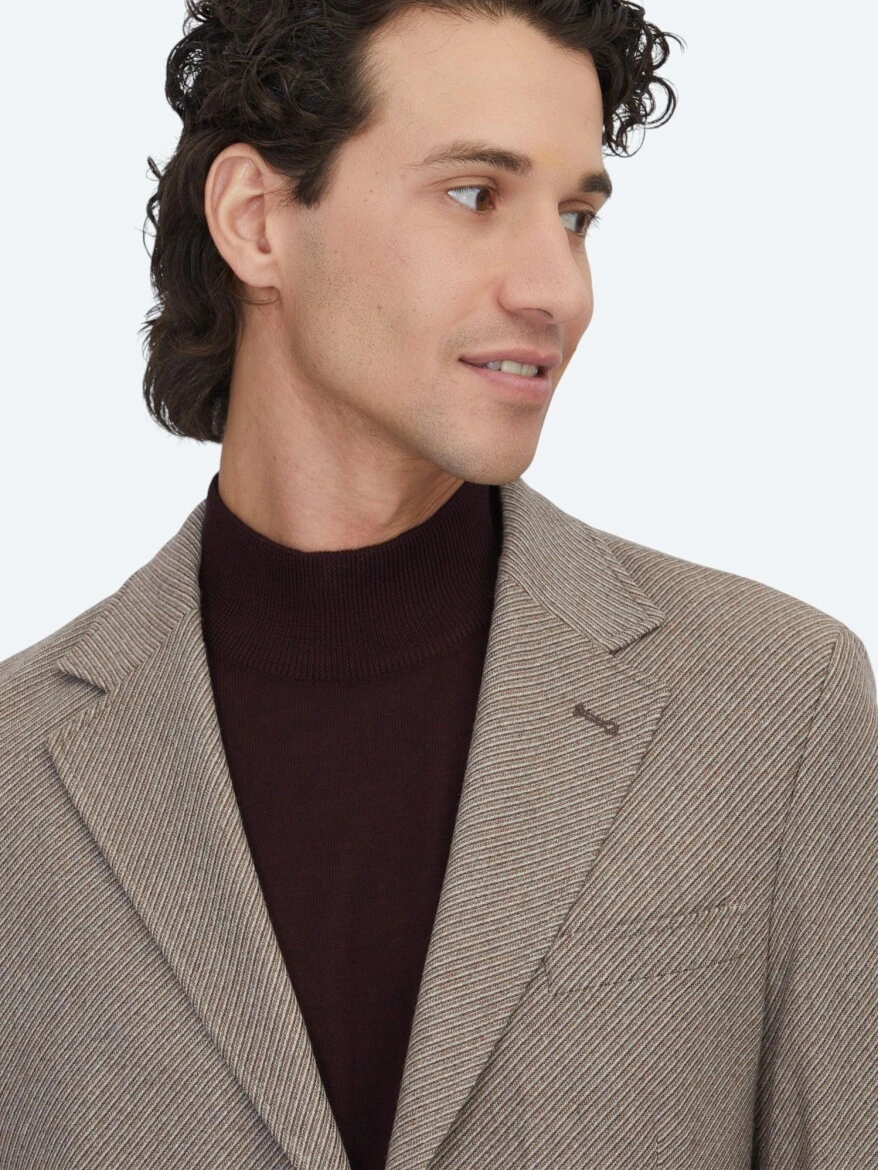 Light Brown Patterned Modern Fit Wool Blended Jacket - 3