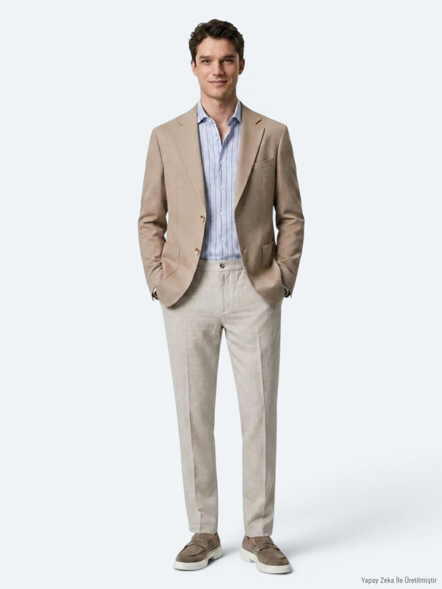 Light Brown Plain Modern Fit Cotton Blended Jacket - 2