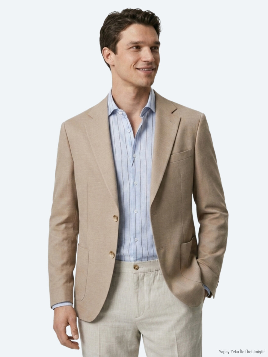 Light Brown Plain Modern Fit Cotton Blended Jacket - 3