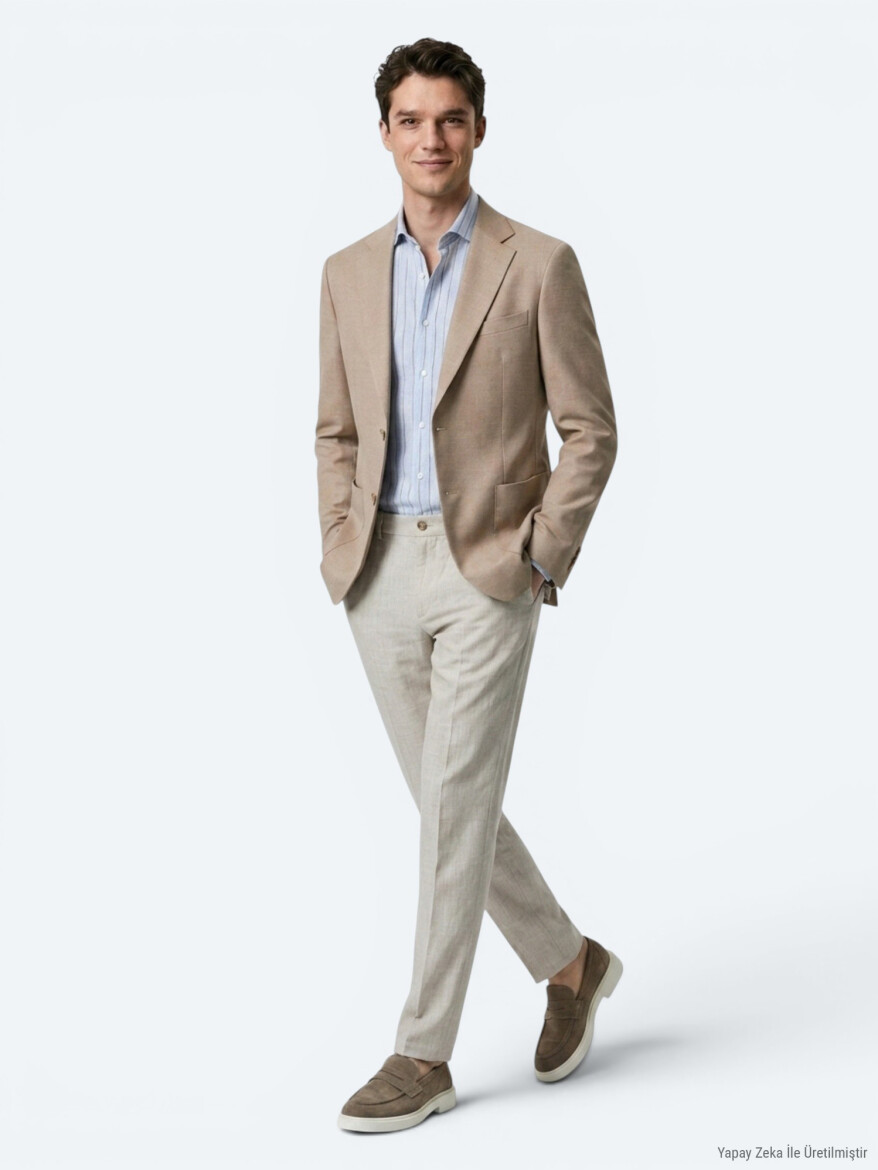 Light Brown Plain Modern Fit Cotton Blended Jacket - 4