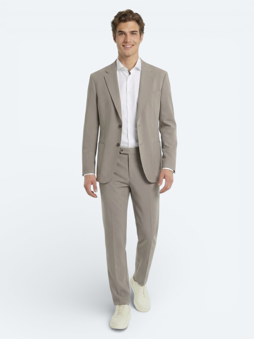 Light Brown Plain Modern Fit Suit - 2