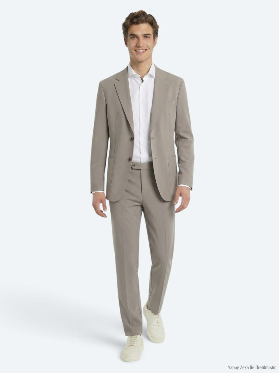 Light Brown Plain Modern Fit Suit - 2