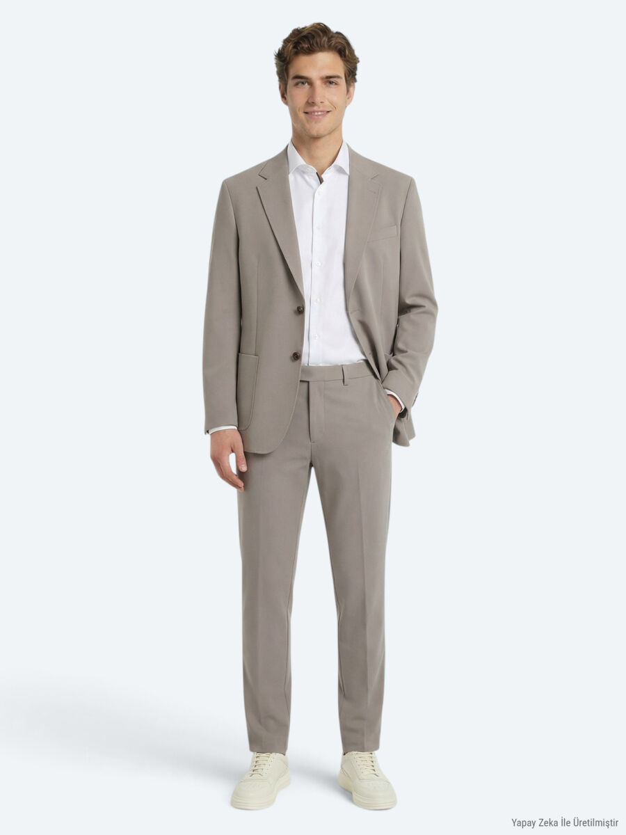Light Brown Plain Modern Fit Suit - 3