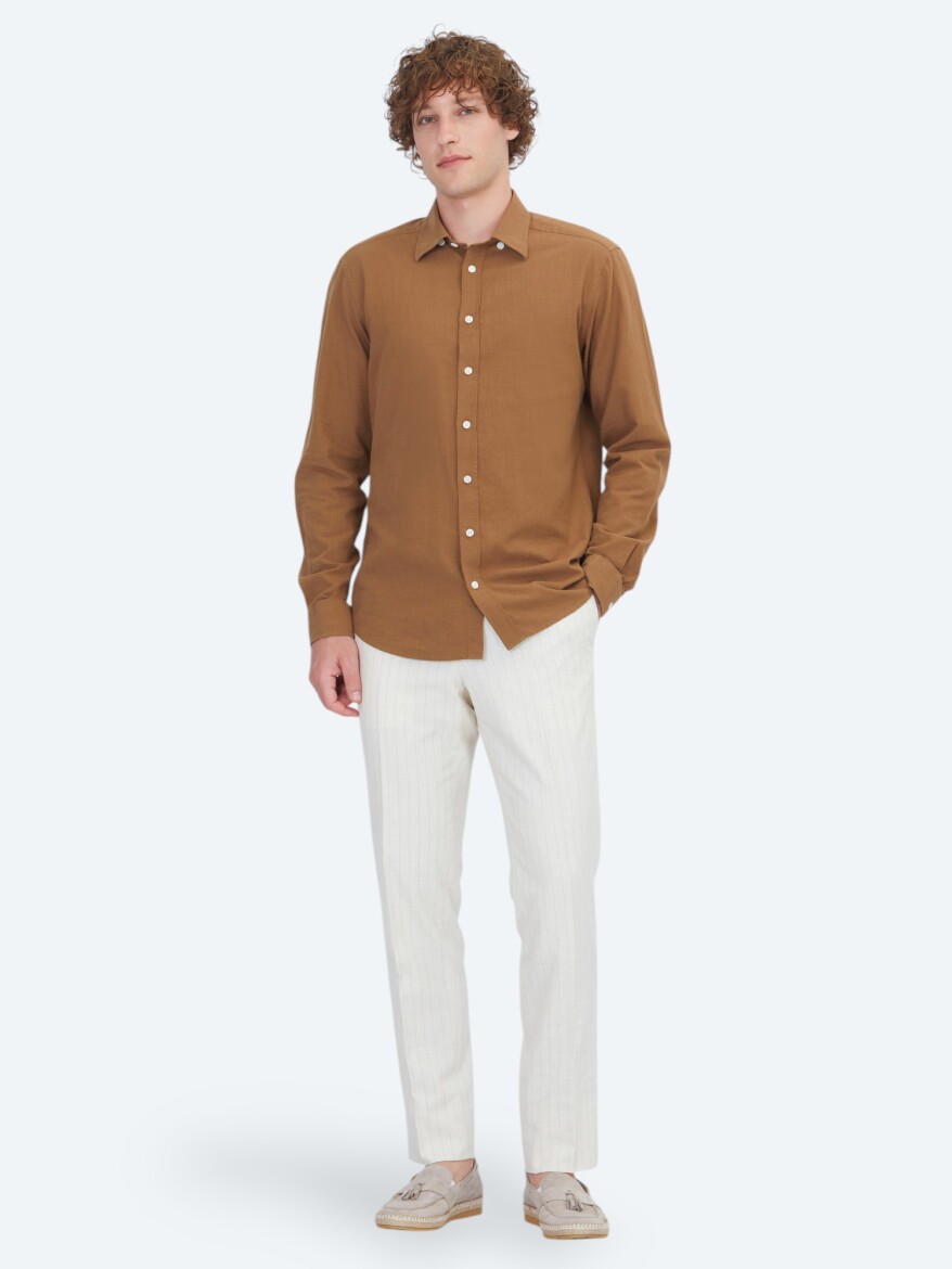 Light Brown Plain Regular Fit Long Weaving Casual 100% Cotton Shirt - 2