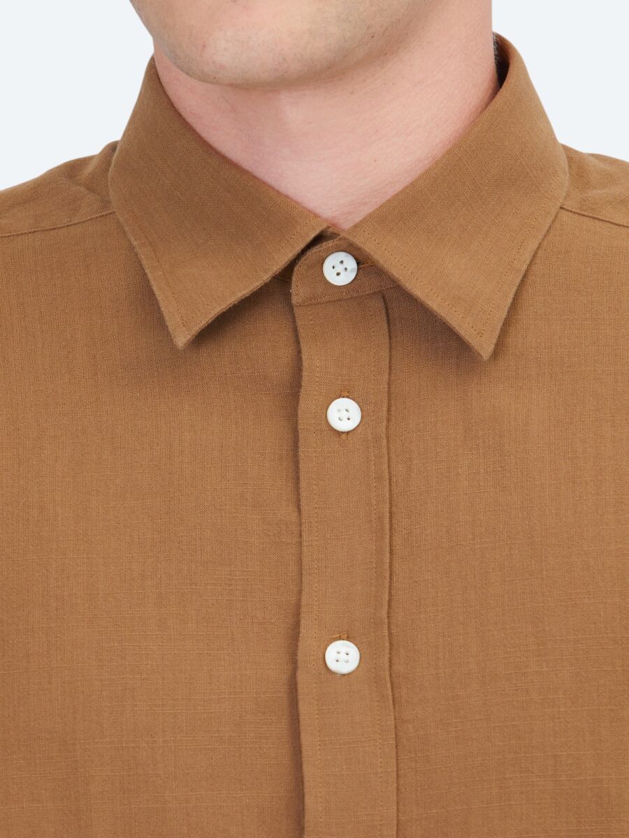 Light Brown Plain Regular Fit Long Weaving Casual 100% Cotton Shirt - 4