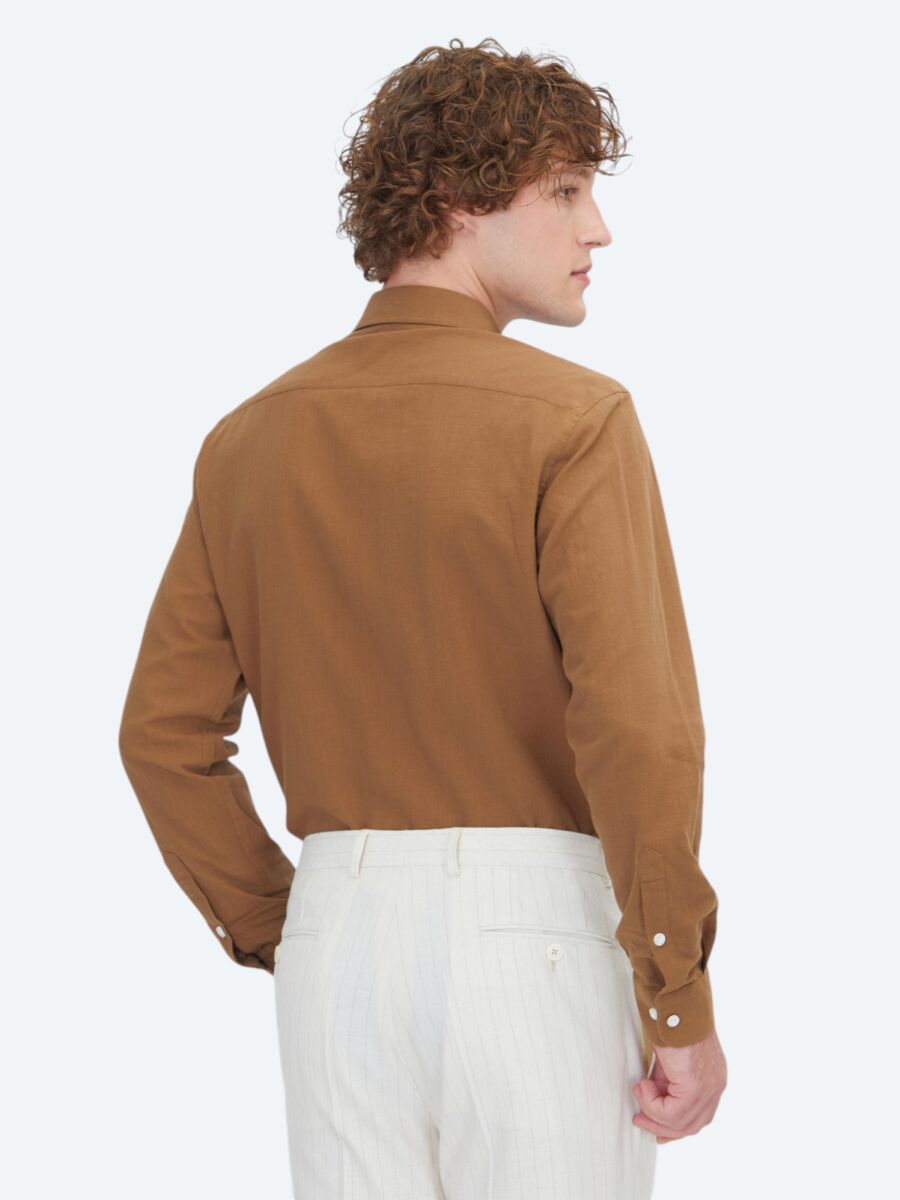 Light Brown Plain Regular Fit Long Weaving Casual 100% Cotton Shirt - 5