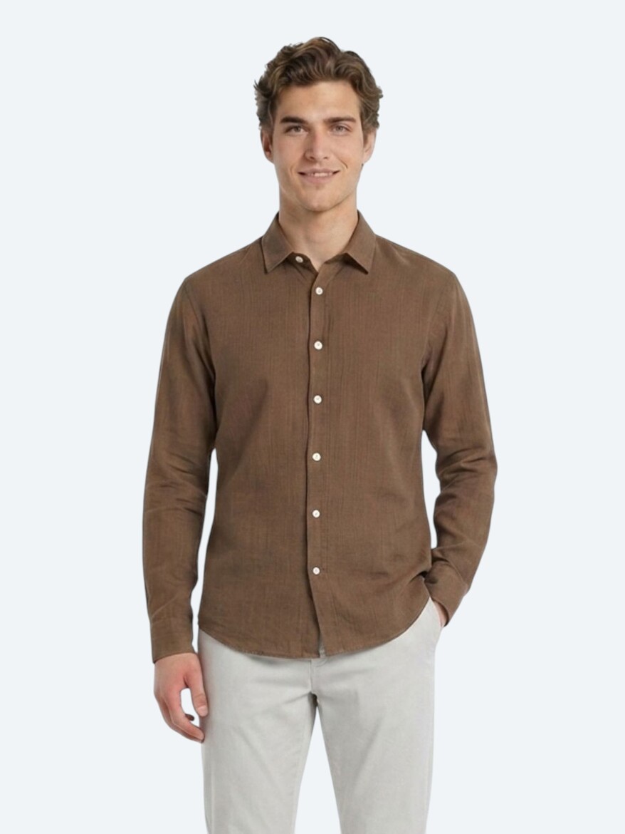 Light Brown Plain Regular Fit Long Weaving Casual 100% Cotton Shirt - 3