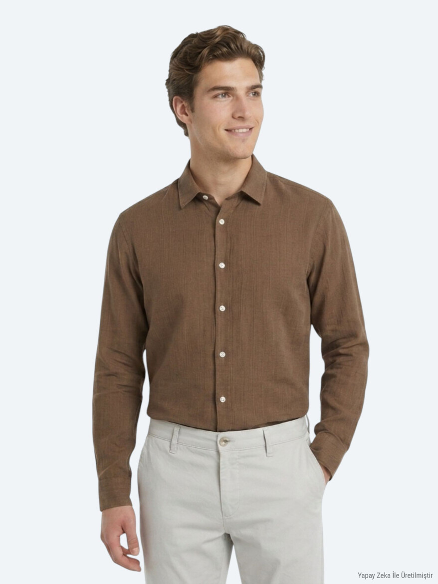 Light Brown Plain Regular Fit Long Weaving Casual 100% Cotton Shirt 