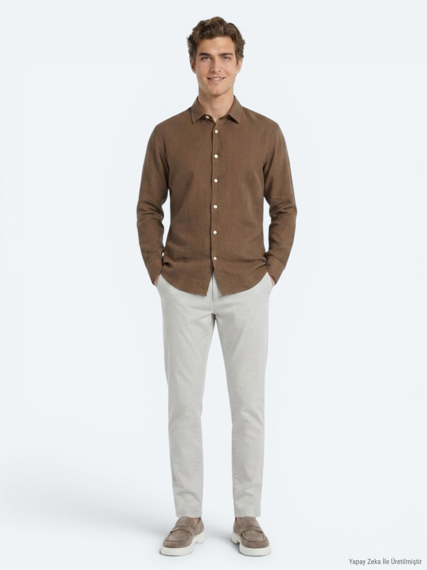 Light Brown Plain Regular Fit Long Weaving Casual 100% Cotton Shirt - 2