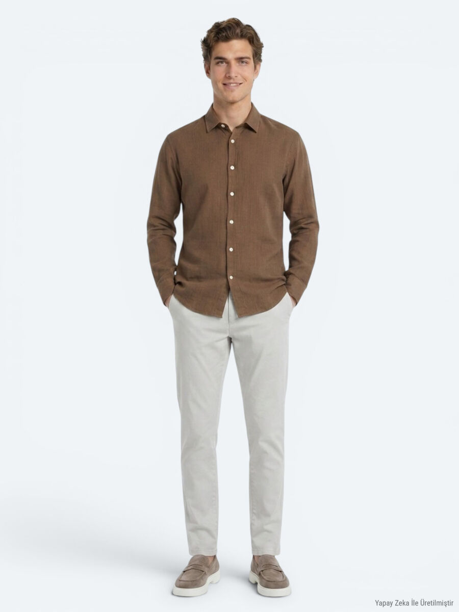 Light Brown Plain Regular Fit Long Weaving Casual 100% Cotton Shirt - 2