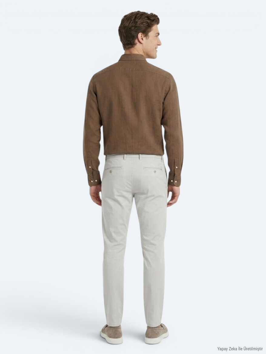 Light Brown Plain Regular Fit Long Weaving Casual 100% Cotton Shirt - 4