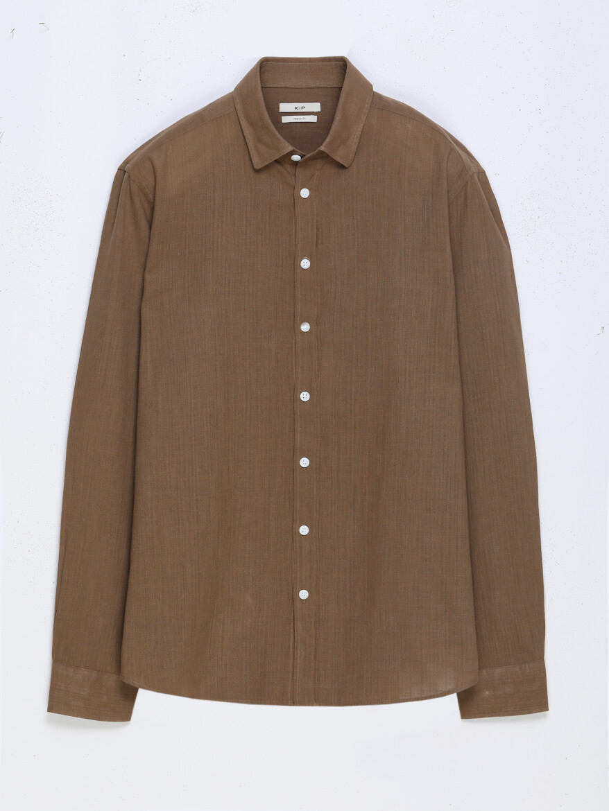 Light Brown Plain Regular Fit Long Weaving Casual 100% Cotton Shirt - 5