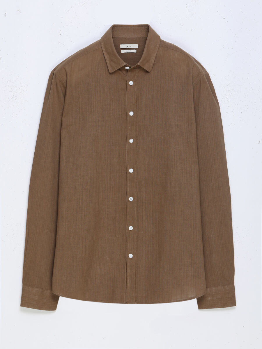 Light Brown Plain Regular Fit Long Weaving Casual 100% Cotton Shirt - 5