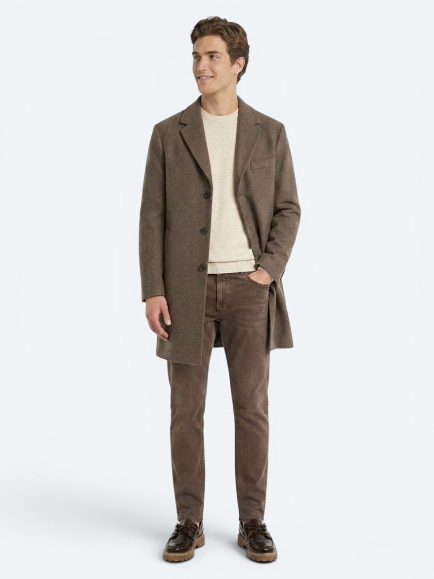 Light Brown Regular Fit Butterfly Collar Classical Weaving Overcoat - 1