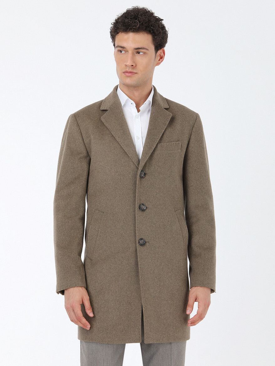 Light Brown Regular Fit Butterfly Collar Classical Weaving Overcoat - 1
