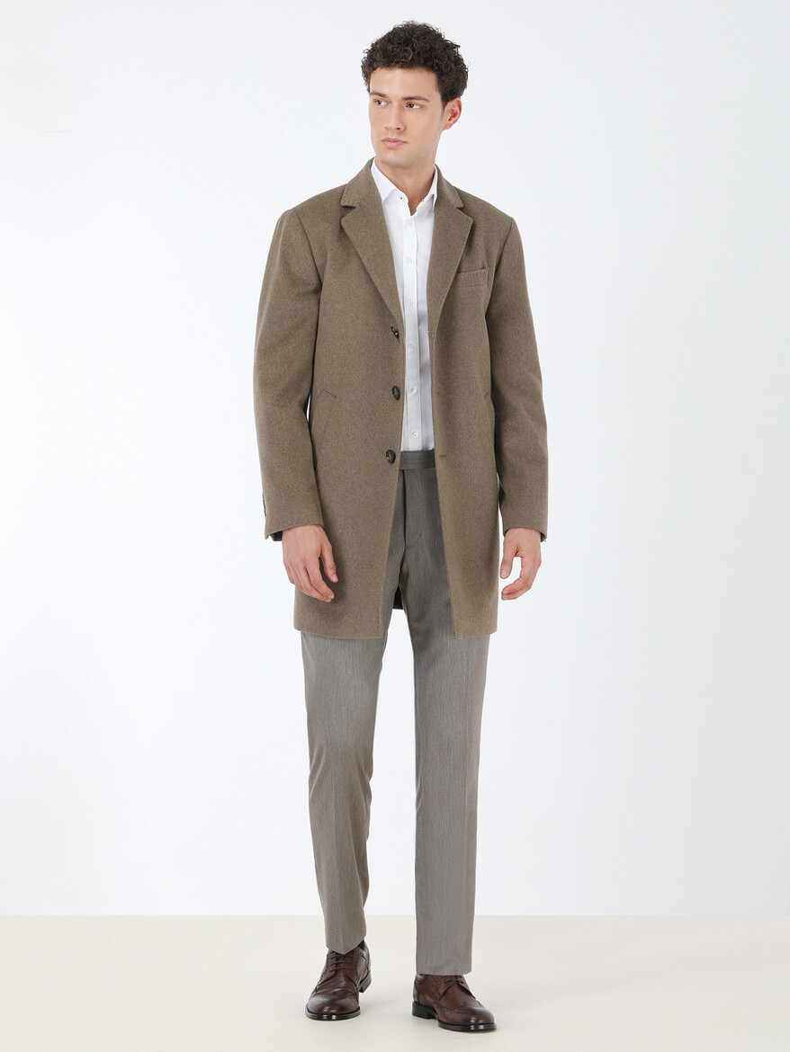 Light Brown Regular Fit Butterfly Collar Classical Weaving Overcoat - 2