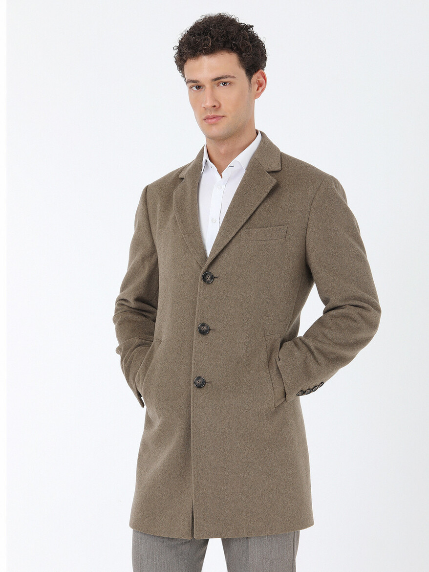 Light Brown Regular Fit Butterfly Collar Classical Weaving Overcoat - 3