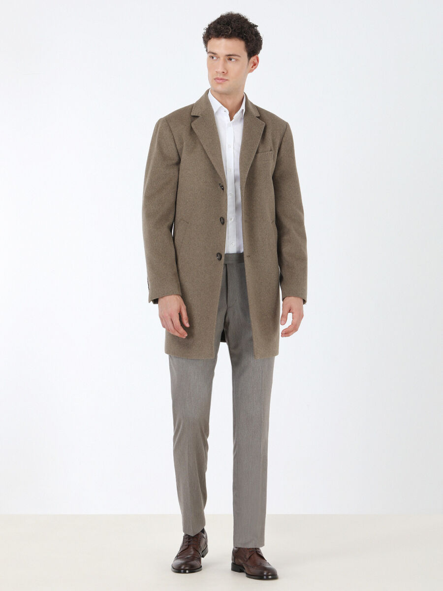 Light Brown Regular Fit Butterfly Collar Classical Weaving Overcoat - 1