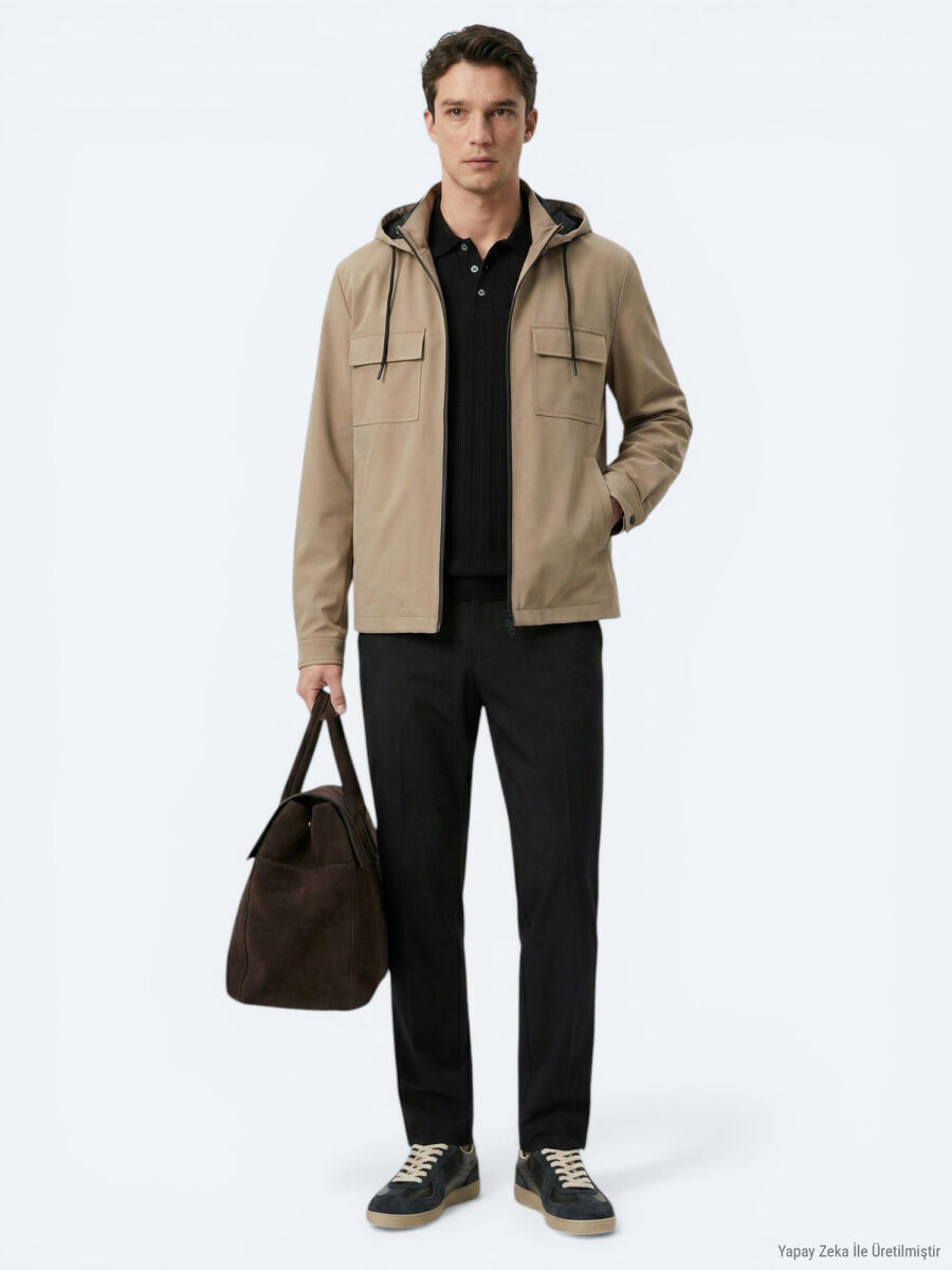 Light Brown Regular Fit Hooded Casual Weaving Coat - 3