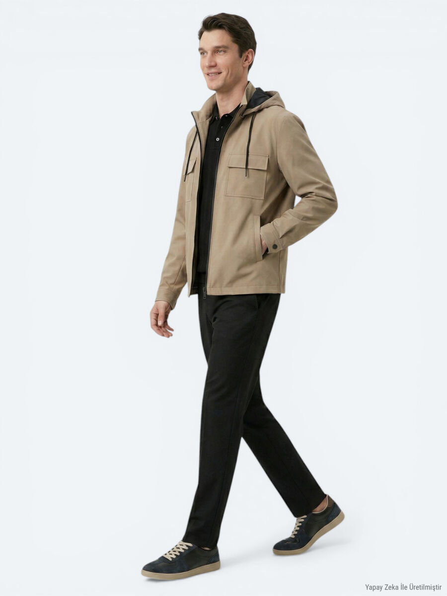Light Brown Regular Fit Hooded Casual Weaving Coat - 4