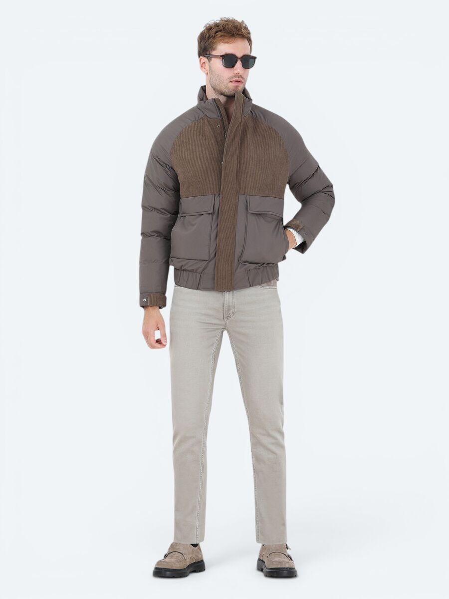 Light Brown Regular Fit Turtleneck Casual Weaving Coat - 1