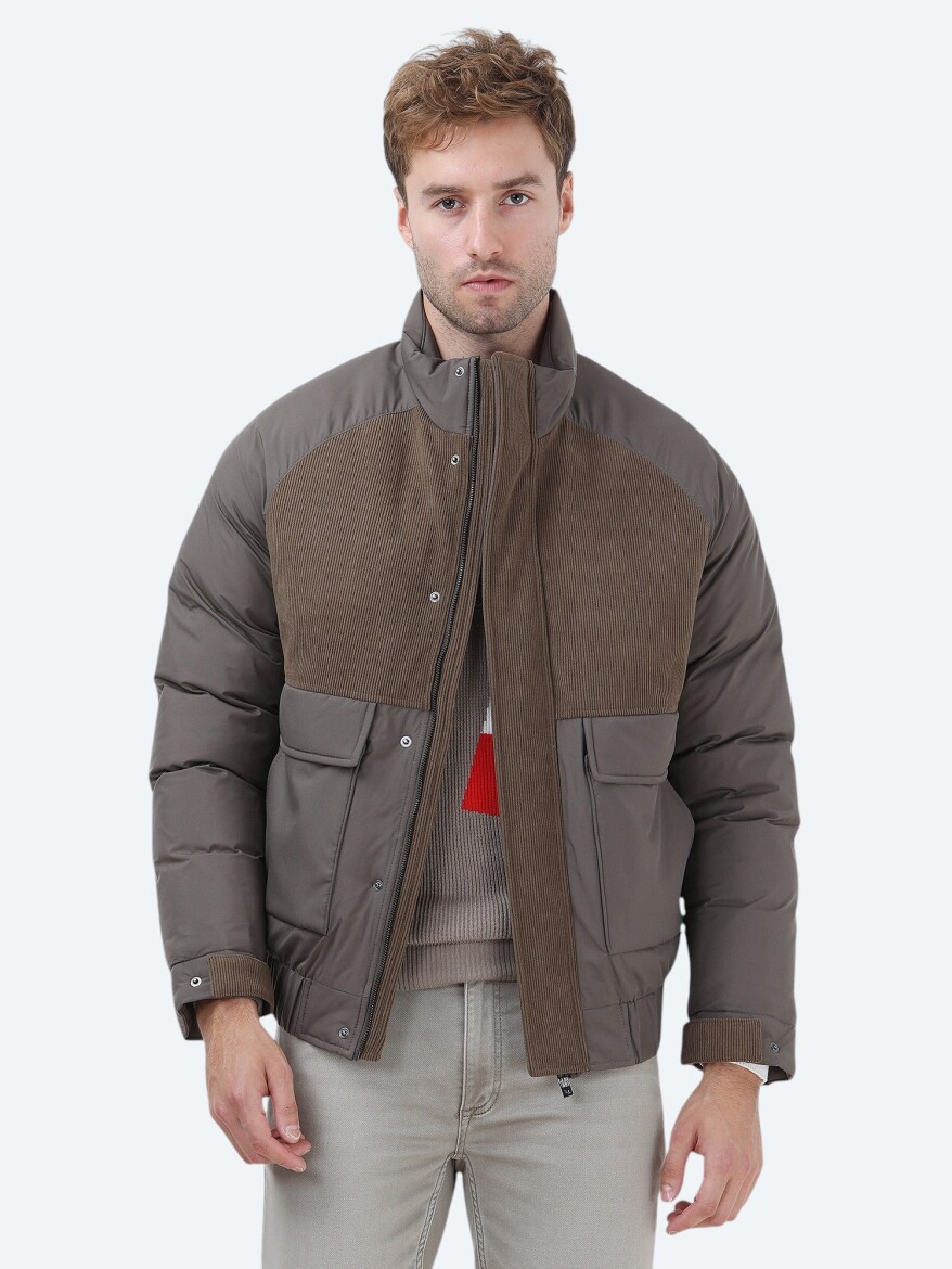 Light Brown Regular Fit Turtleneck Casual Weaving Coat - 2