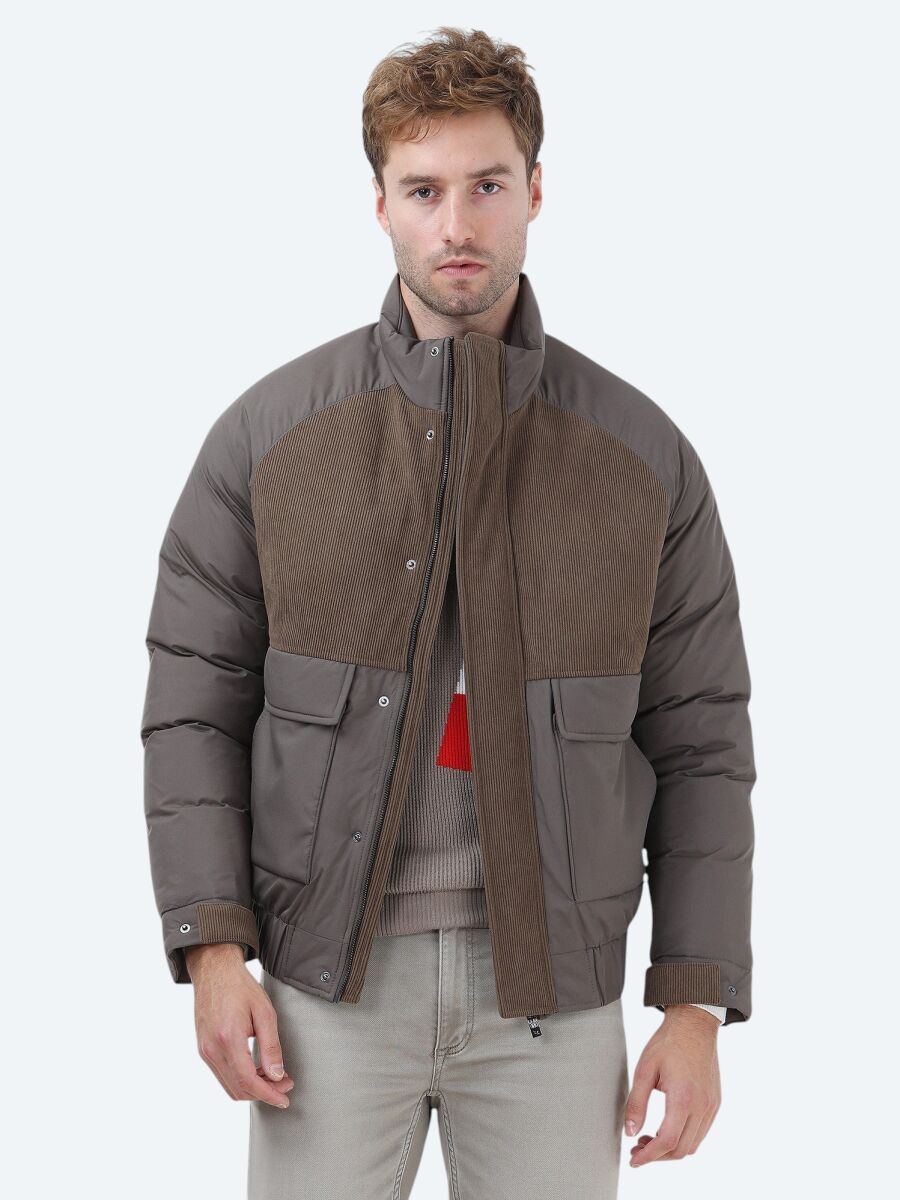 Light Brown Regular Fit Turtleneck Casual Weaving Coat - 2