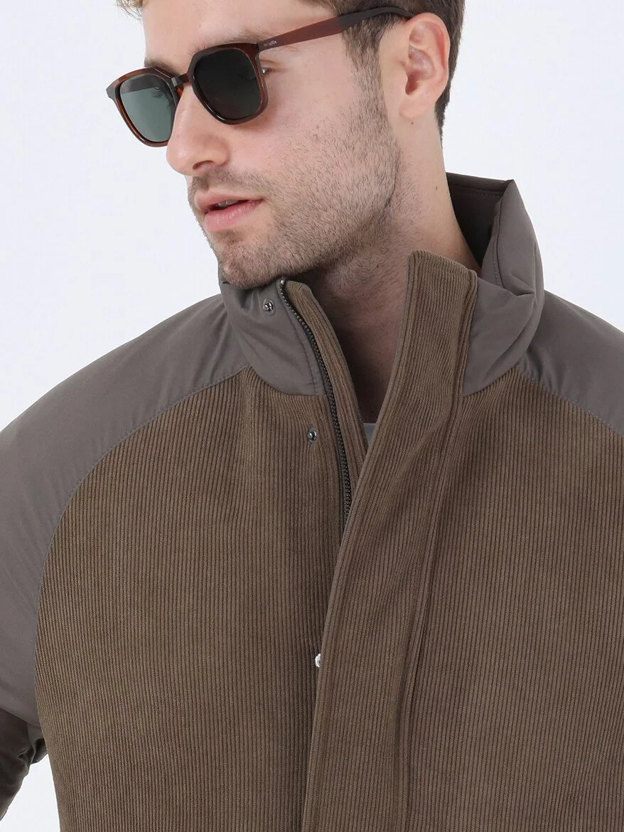 Light Brown Regular Fit Turtleneck Casual Weaving Coat - 3