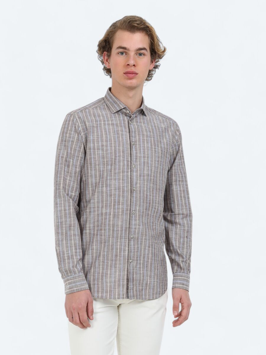 Light Brown Striped Regular Fit Long Weaving Casual 100% Cotton Shirt - 1