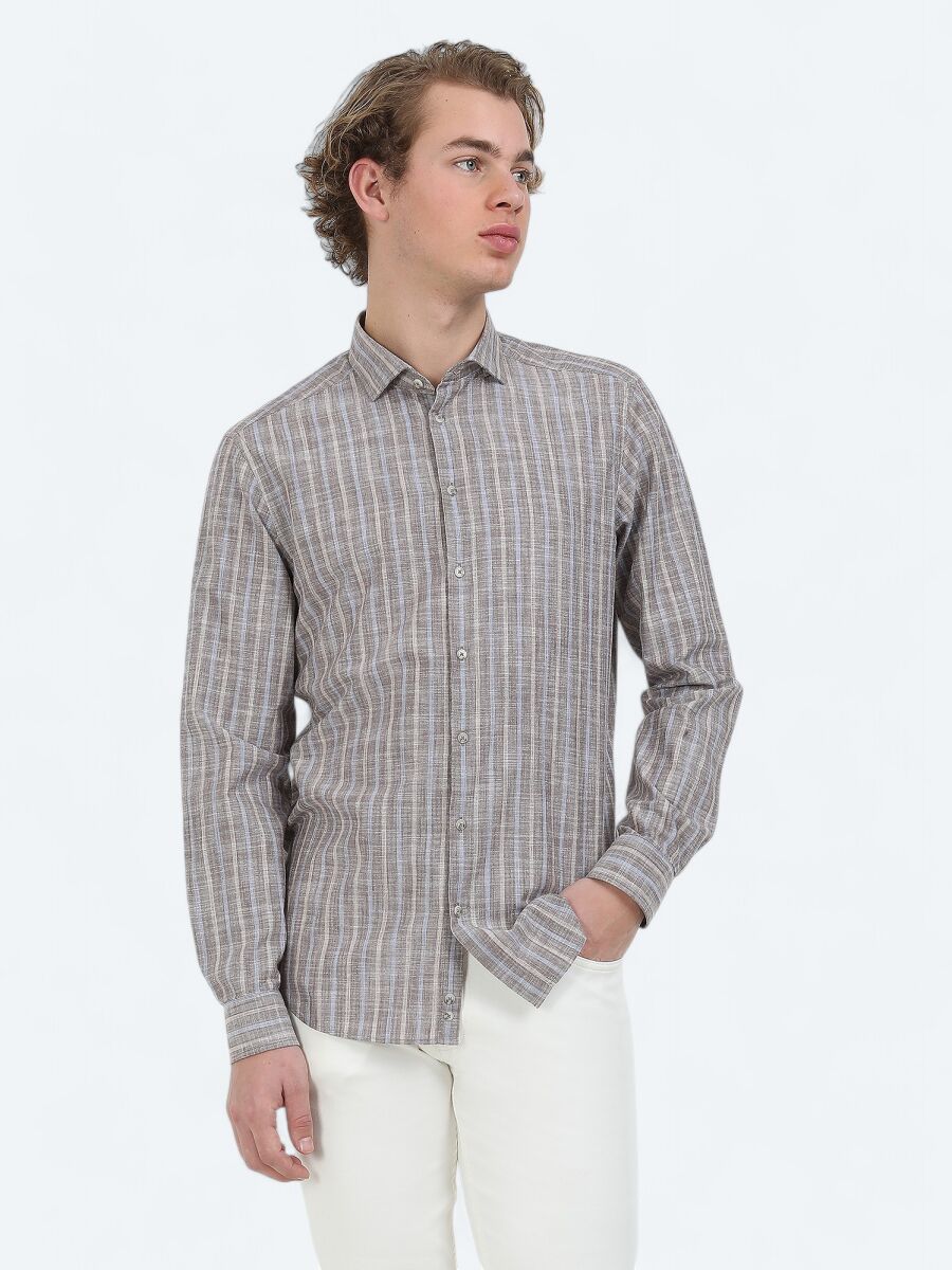 Light Brown Striped Regular Fit Long Weaving Casual 100% Cotton Shirt - 2