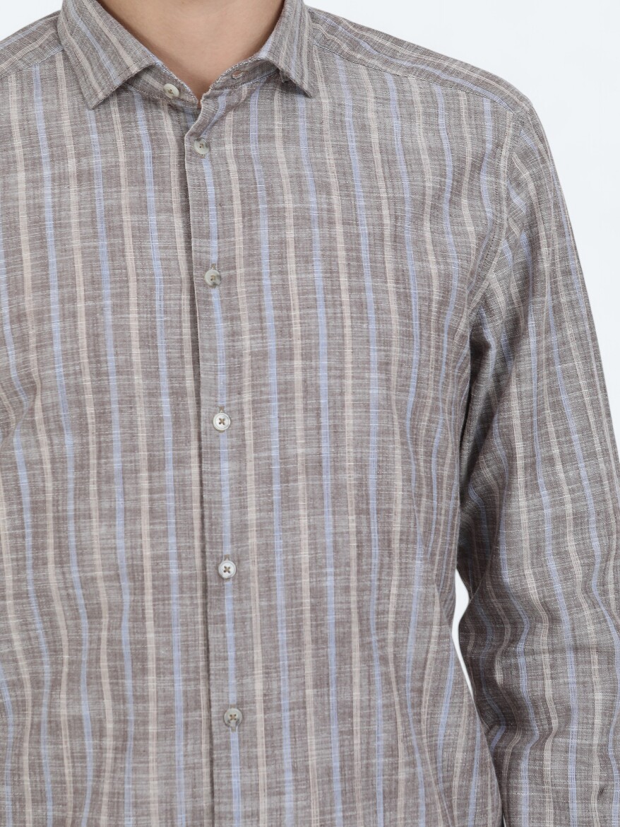 Light Brown Striped Regular Fit Long Weaving Casual 100% Cotton Shirt - 3