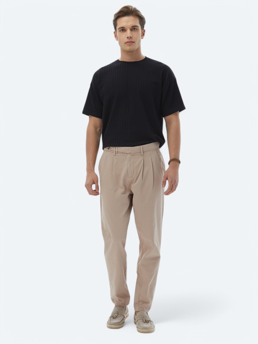 Light Brown Weaving Carrot Fit Smart Casual 100% Cotton Trousers - 1