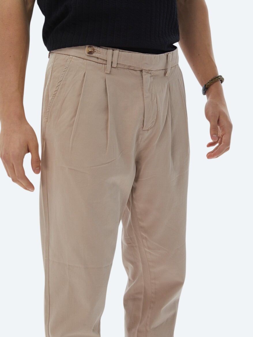 Light Brown Weaving Carrot Fit Smart Casual 100% Cotton Trousers - 3