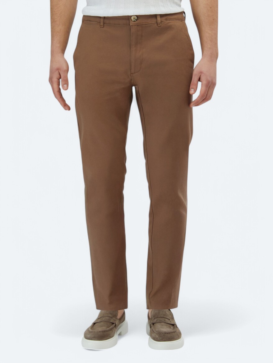 Light Brown Weaving Regular Fit Casual Cotton Blended Trousers 