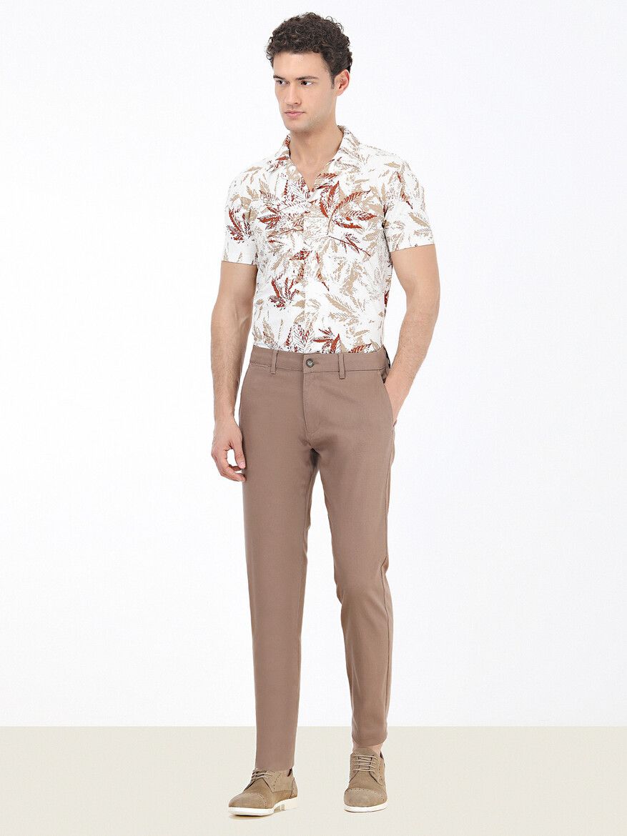 Light Brown Weaving Regular Fit Casual Cotton Blended Trousers - 2